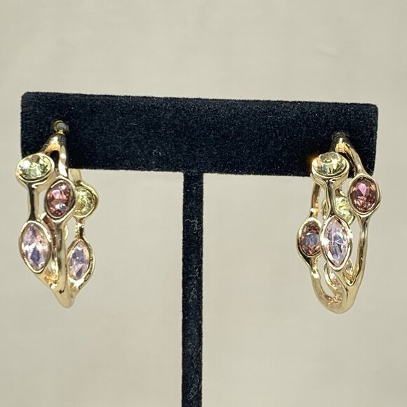 R J RJ Graziano Hoop Earrings Crystal Inside Out Glow On Gold Tone Warm Color - Picture 2 of 8